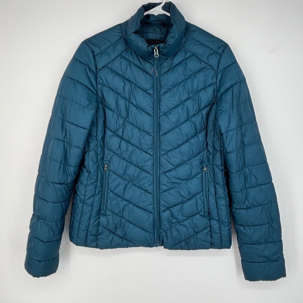 Attention Womens Medium Lightweight Puffer Jacket Teal Blue Zipper Pockets LS
